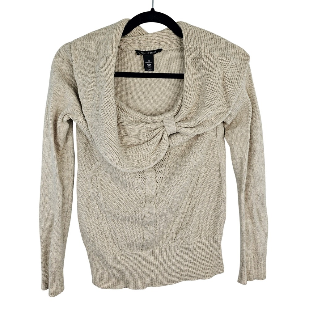 White‎ House Black Market Beige Sparkle Cashmere Blend Sweater XS Cowl Neck Bow